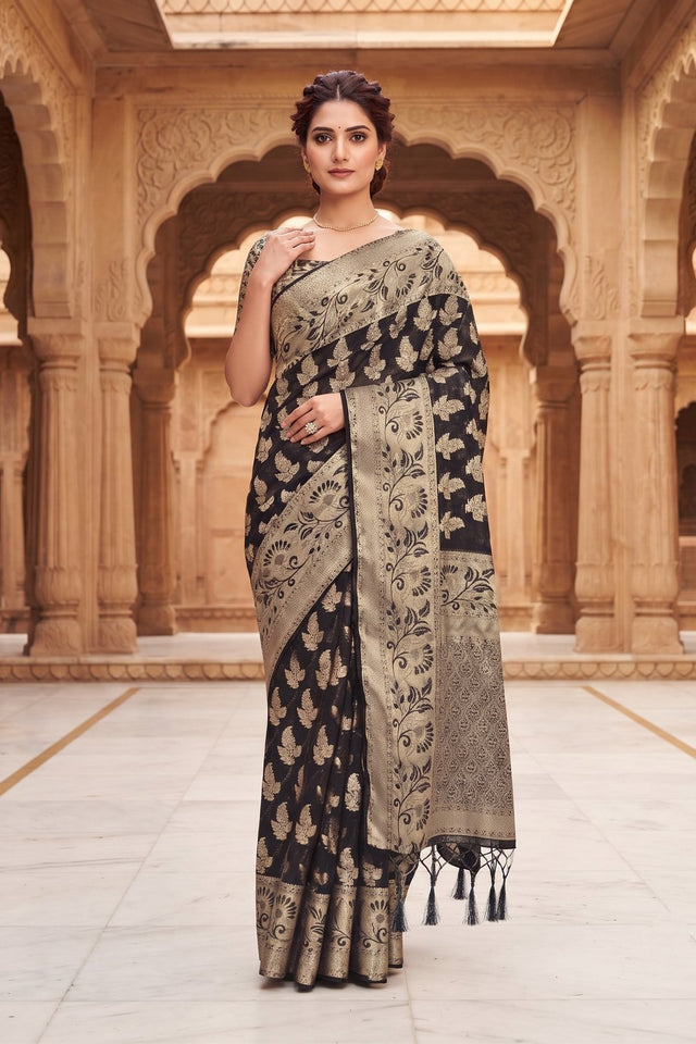 Black Floral Woven Silk Saree (ACA9183)