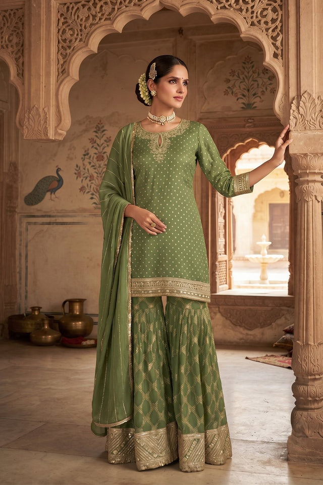 Green Heavy Embroidered Viscose Free Size Stithced Sharara Suit (ACA9185)