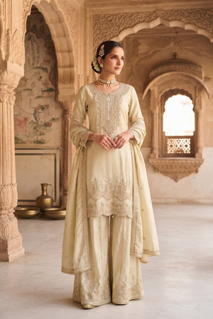 Off White Heavy Embroidered Viscose Free Size Stithced Sharara Suit (ACA9186)