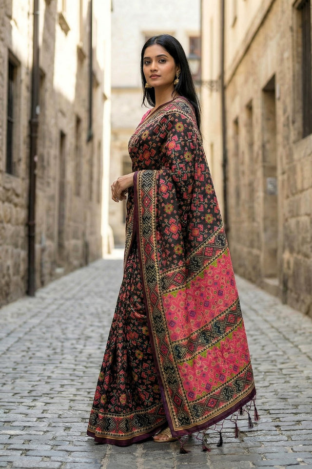 Black Printed Silk Saree (ACA9188)