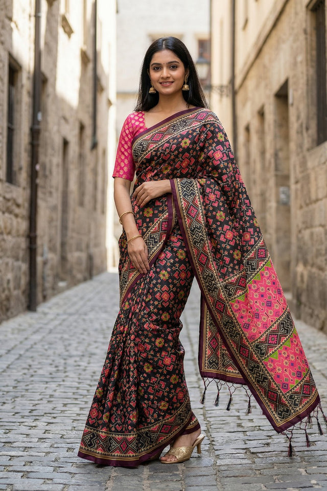 Black Printed Silk Saree (ACA9188)
