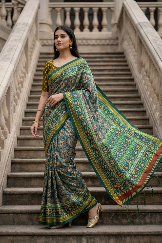 Green Printed Silk Saree (ACA9189)