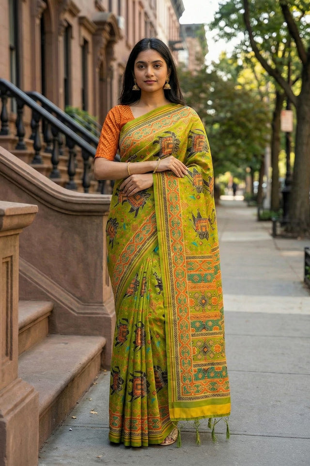 Dark Green Printed Silk Saree (ACA9190)