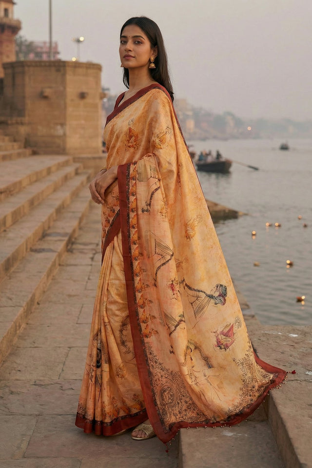 Yellow Printed Silk Saree (ACA9191)