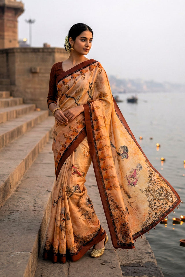 Yellow Printed Silk Saree (ACA9191)