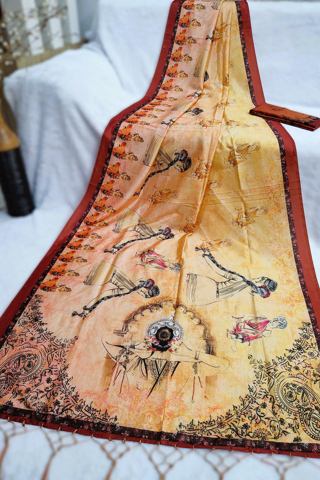 Yellow Printed Silk Saree (ACA9191)