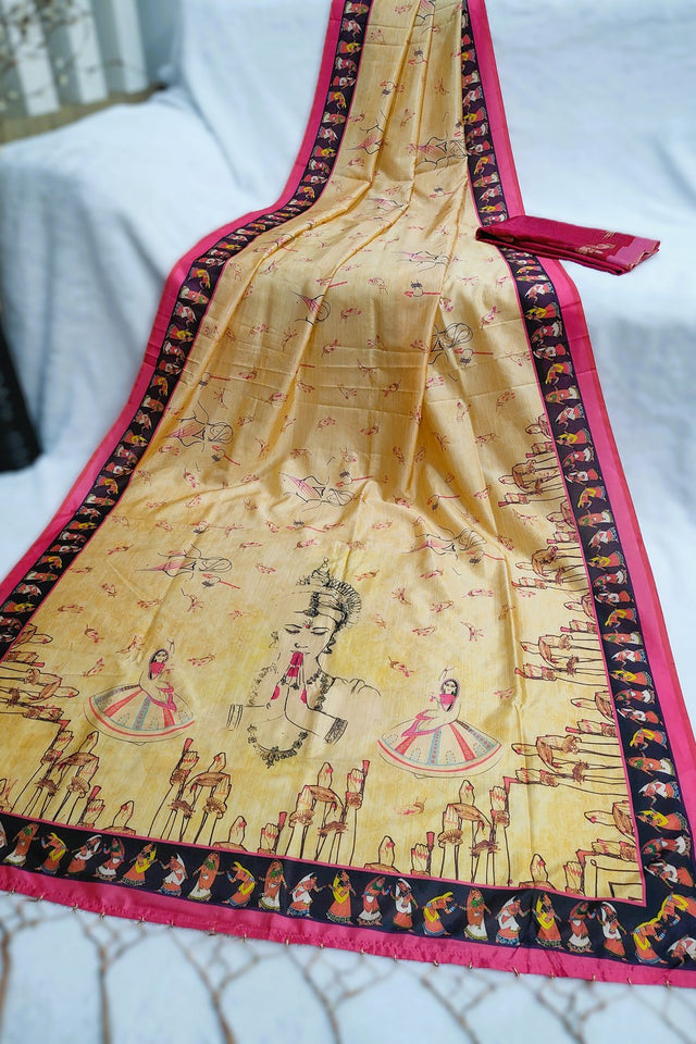 Yellow Printed Silk Saree (ACA9192)