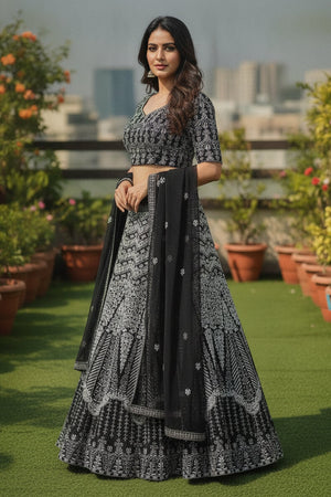 Black Floral Embroidered Georgette Lehenga (ACA9193)