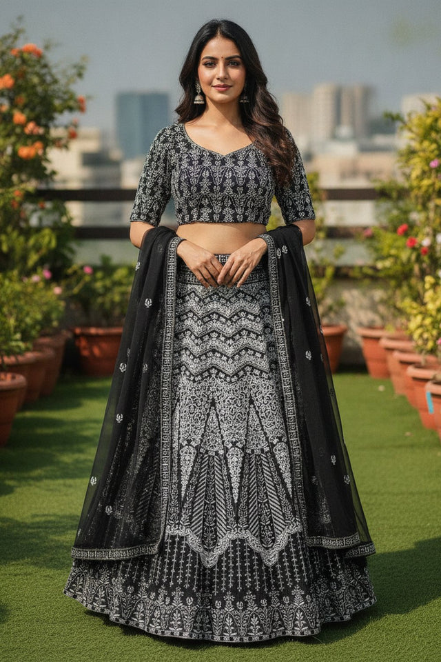 Black Floral Embroidered Georgette Lehenga (ACA9193)