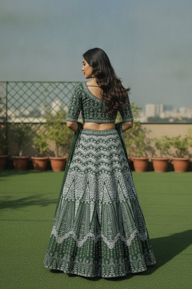 Green Floral Embroidered Georgette Lehenga (ACA9194)