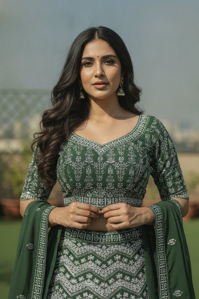 Green Floral Embroidered Georgette Lehenga (ACA9194)