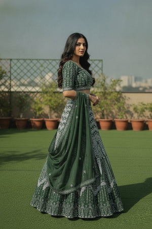 Green Floral Embroidered Georgette Lehenga (ACA9194)