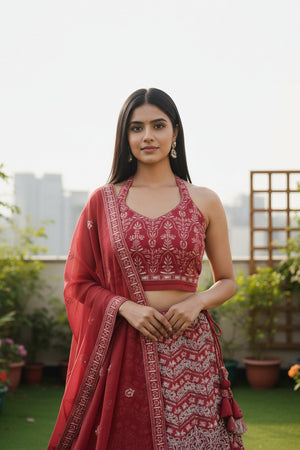 Red Floral Embroidered Georgette Lehenga (ACA9195)