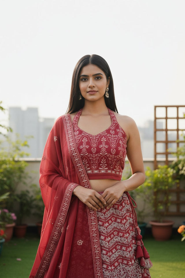 Red Floral Embroidered Georgette Lehenga (ACA9195)