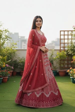 Red Floral Embroidered Georgette Lehenga (ACA9195)