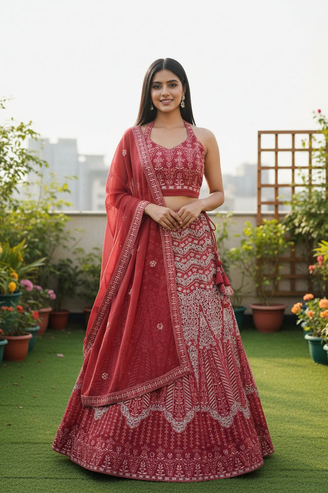 Red Floral Embroidered Georgette Lehenga (ACA9195)