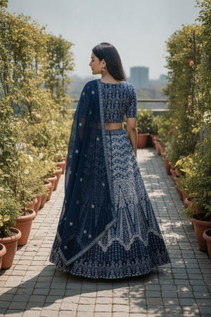 Turquoise Floral Embroidered Georgette Lehenga (ACA9196)