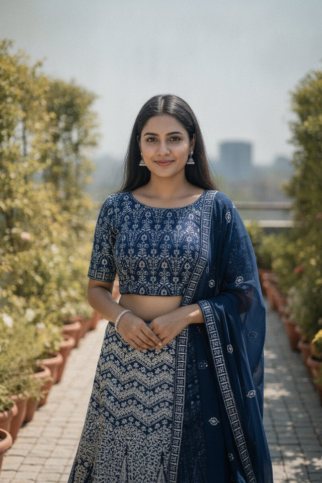 Turquoise Floral Embroidered Georgette Lehenga (ACA9196)