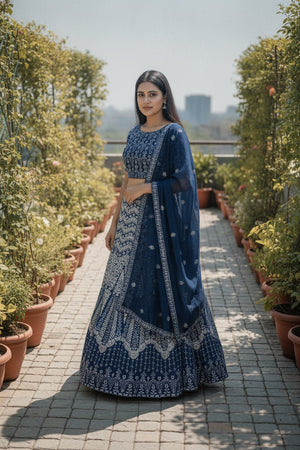 Turquoise Floral Embroidered Georgette Lehenga (ACA9196)