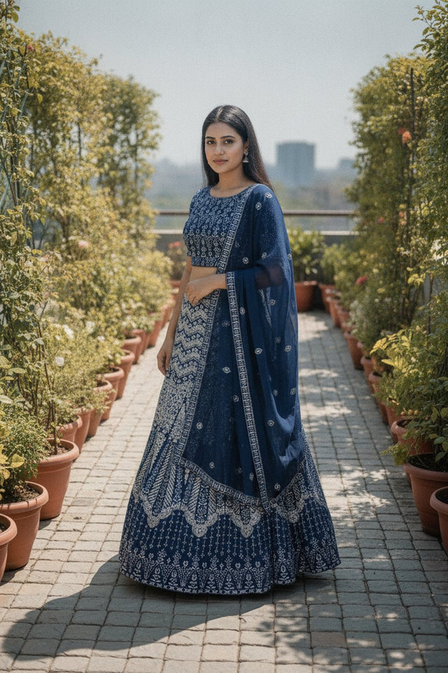 Turquoise Floral Embroidered Georgette Lehenga (ACA9196)