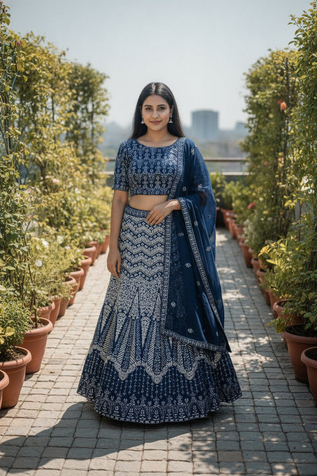 Turquoise Floral Embroidered Georgette Lehenga (ACA9196)