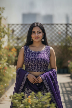 Violet Floral Embroidered Georgette Lehenga (ACA9197)