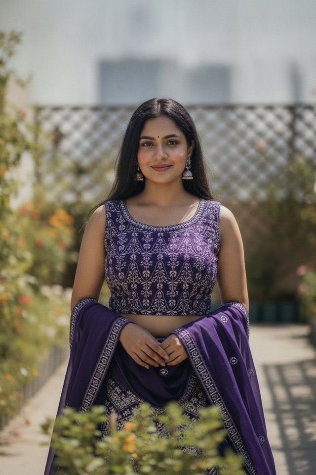 Violet Floral Embroidered Georgette Lehenga (ACA9197)