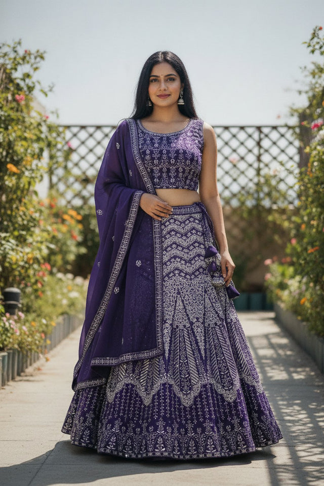 Violet Floral Embroidered Georgette Lehenga (ACA9197)