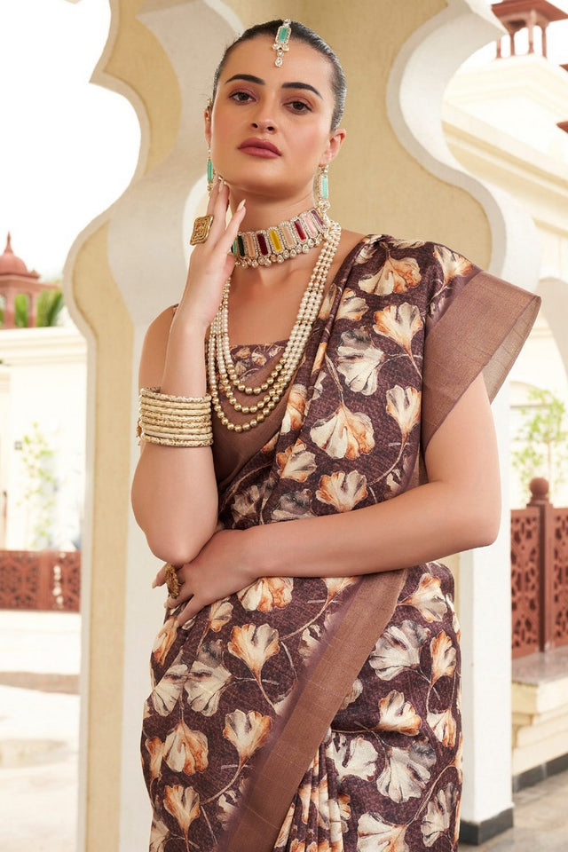 Brown Floral Printed Silk Saree (ACA9201)
