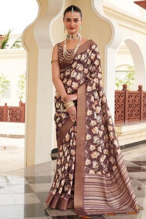 Brown Floral Printed Silk Saree (ACA9201)