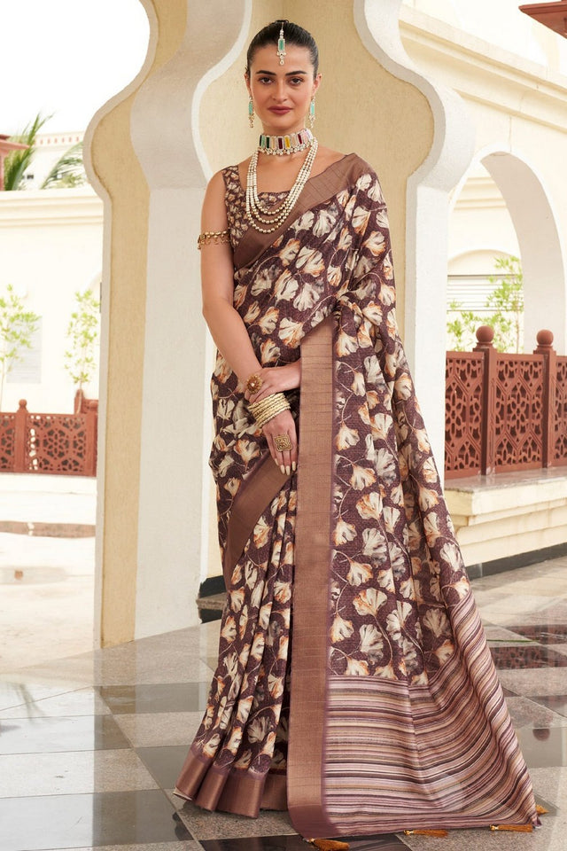 Brown Floral Printed Silk Saree (ACA9201)
