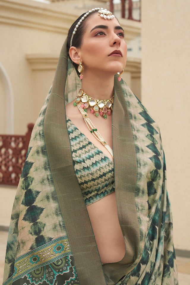 Green Floral Printed Silk Saree (ACA9203)