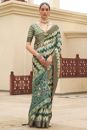 Green Floral Printed Silk Saree (ACA9203)