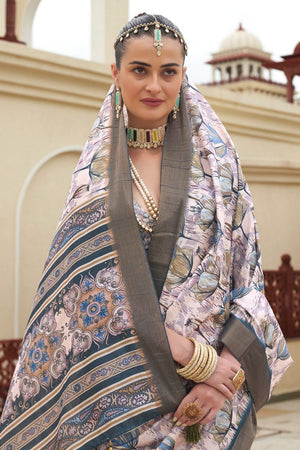 Grey Floral Printed Silk Saree (ACA9204)