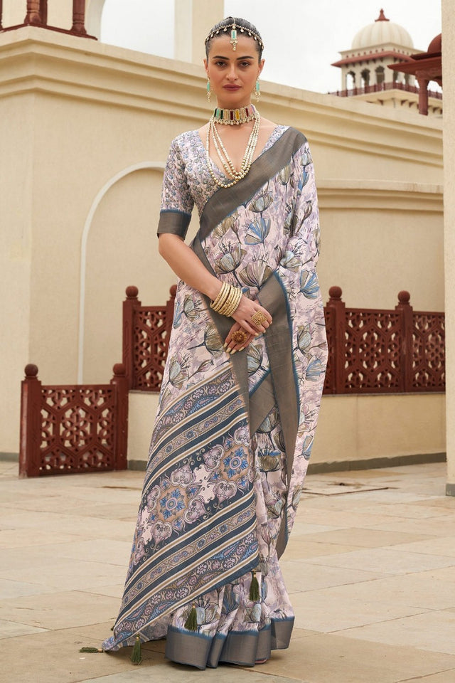 Grey Floral Printed Silk Saree (ACA9204)