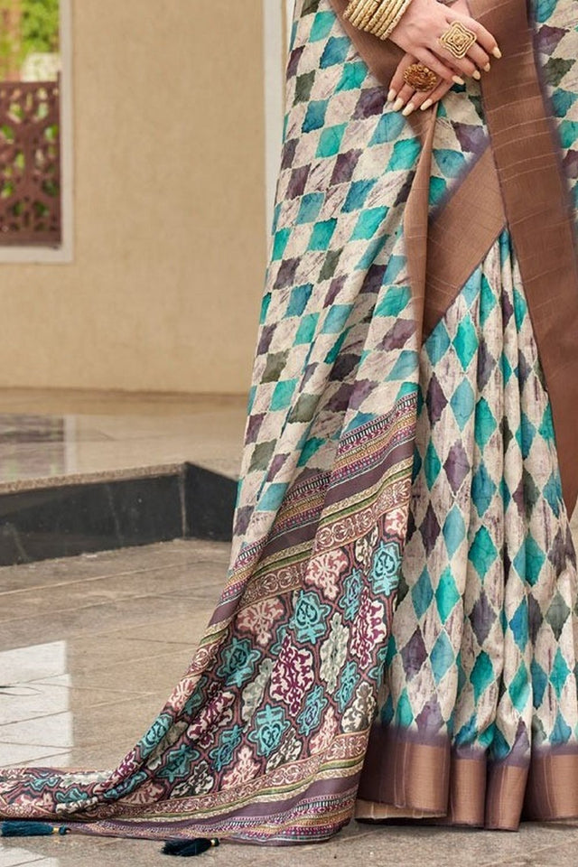 Turquoise Floral Printed Silk Saree (ACA9205)