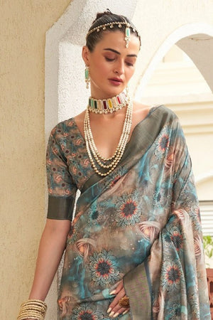 Peach Floral Printed Silk Saree (ACA9206)