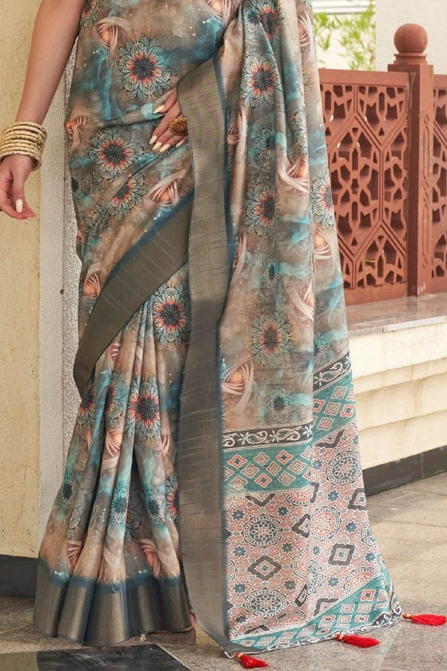Peach Floral Printed Silk Saree (ACA9206)