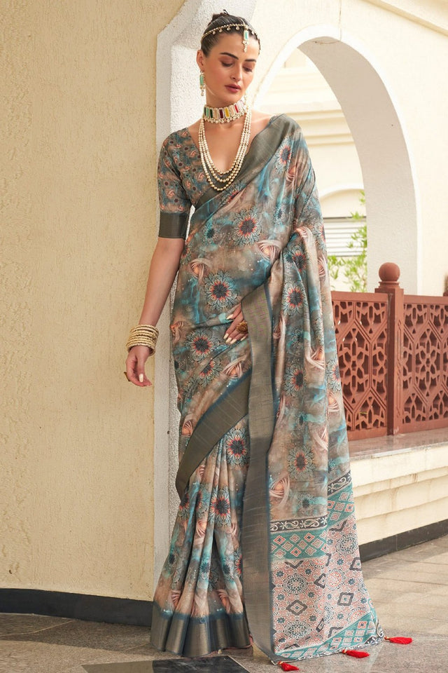 Peach Floral Printed Silk Saree (ACA9206)