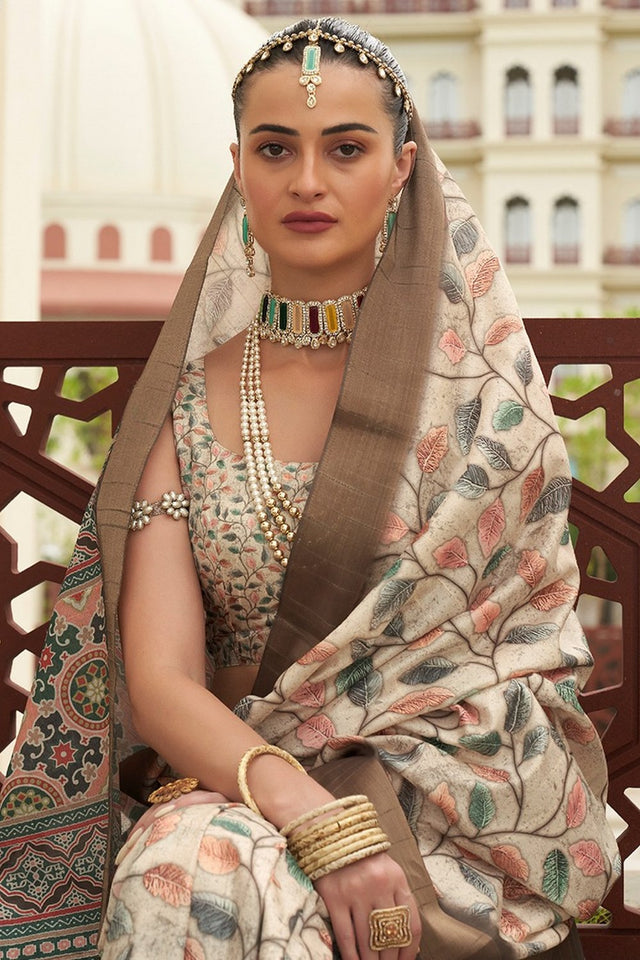 Cream Floral Printed Silk Saree (ACA9207)