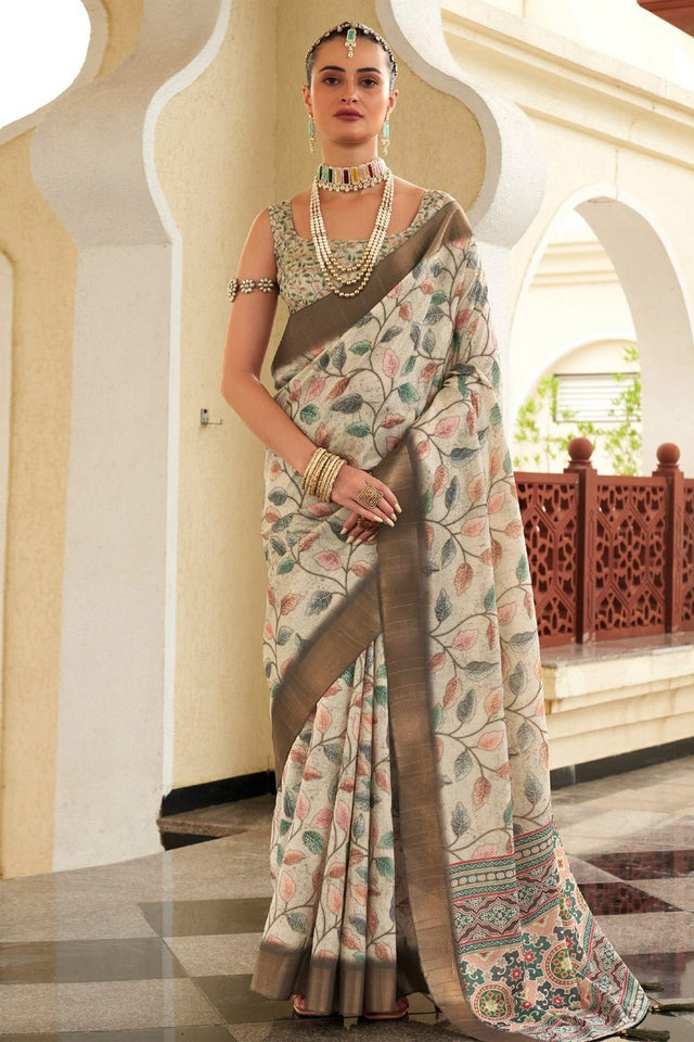 Cream Floral Printed Silk Saree (ACA9207)