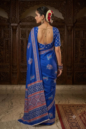 Blue Floral Printed Crepe Saree (ACA9208)