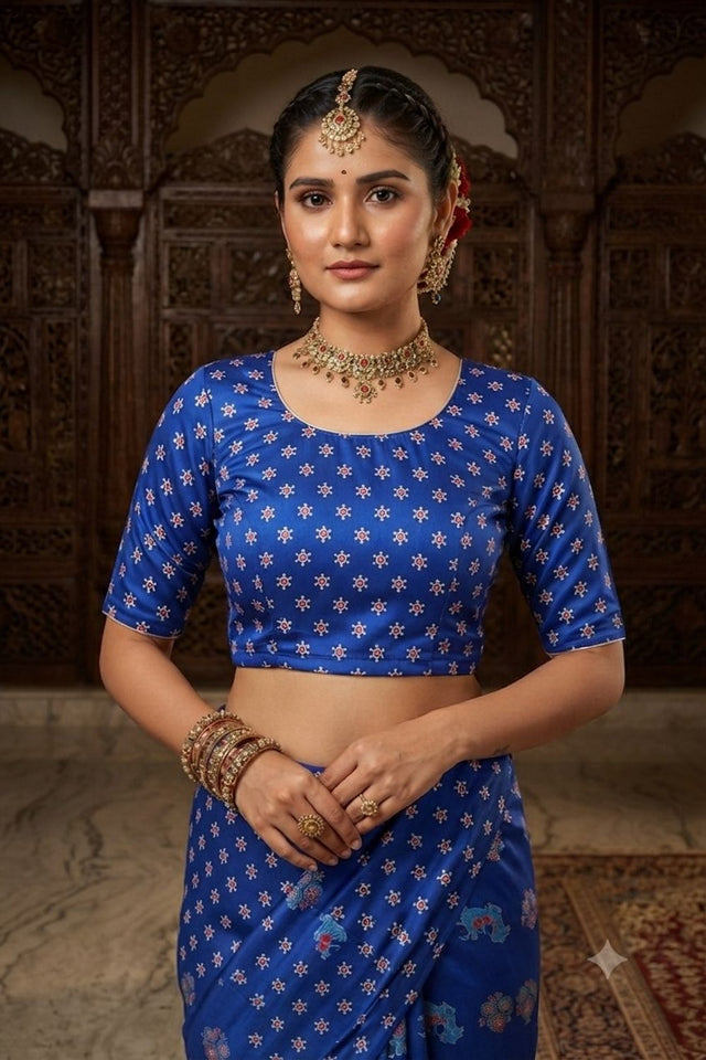 Blue Floral Printed Crepe Saree (ACA9208)
