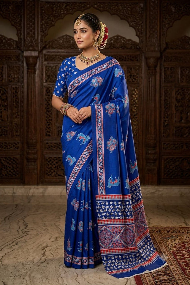 Blue Floral Printed Crepe Saree (ACA9208)
