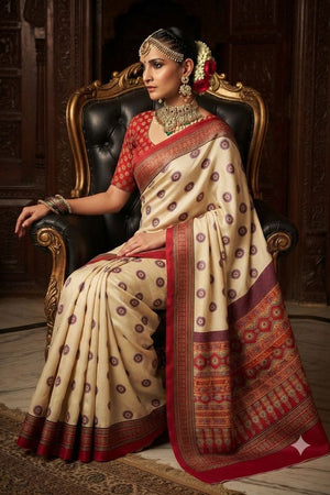 Cream Floral Printed Crepe Saree (ACA9209)