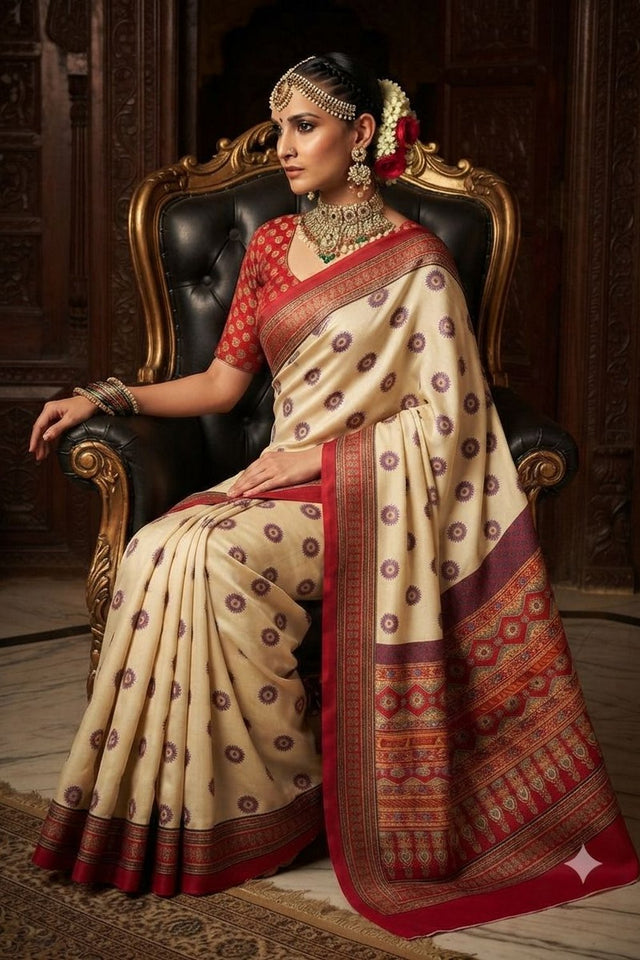Cream Floral Printed Crepe Saree (ACA9209)