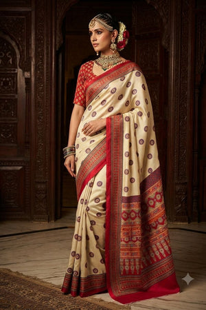 Cream Floral Printed Crepe Saree (ACA9209)