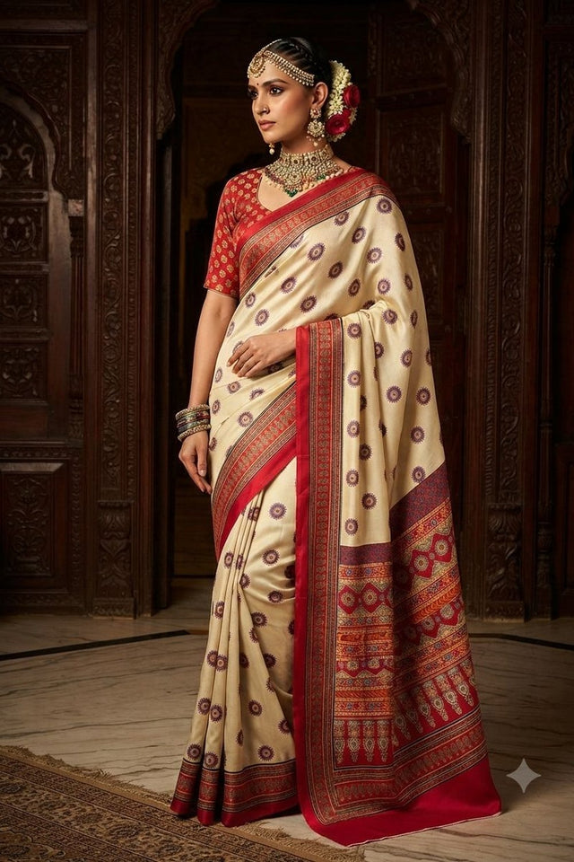 Cream Floral Printed Crepe Saree (ACA9209)