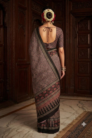 Brown Floral Printed Crepe Saree (ACA9210)