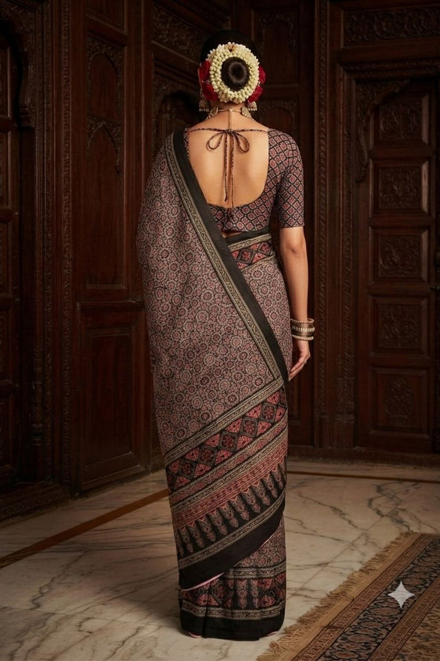 Brown Floral Printed Crepe Saree (ACA9210)